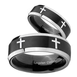 His Hers Crosses Beveled Edges Brush Black 2 Tone Tungsten Engagement Ring Set