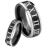 His Hers Roman Numeral Beveled Edges Brush Black 2 Tone Tungsten Engraved Ring Set