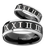 His Hers Roman Numeral Beveled Edges Brush Black 2 Tone Tungsten Engraved Ring Set