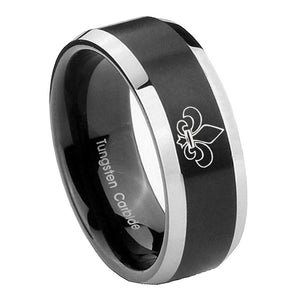 8mm Fleur De Lis Beveled Edges Brush Black 2 Tone Tungsten Rings for Men