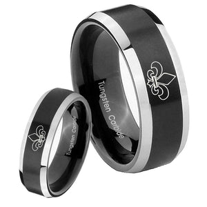 His Hers Fleur De Lis Beveled Brush Black 2 Tone Tungsten Men's Ring Set