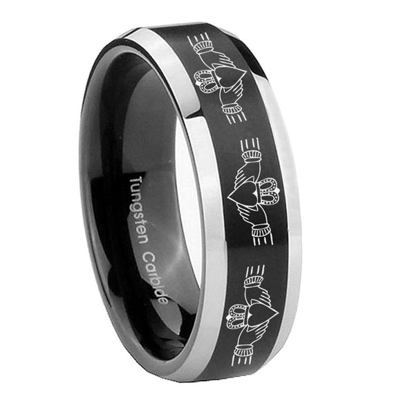 8mm Irish Claddagh Beveled Edges Brush Black 2 Tone Tungsten Men's Wedding Ring