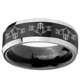 8mm Irish Claddagh Beveled Edges Brush Black 2 Tone Tungsten Men's Wedding Ring
