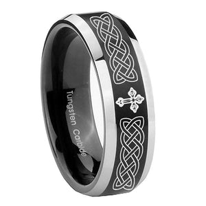 10mm Celtic Cross Beveled Edges Brush Black 2 Tone Tungsten Carbide Mens Ring