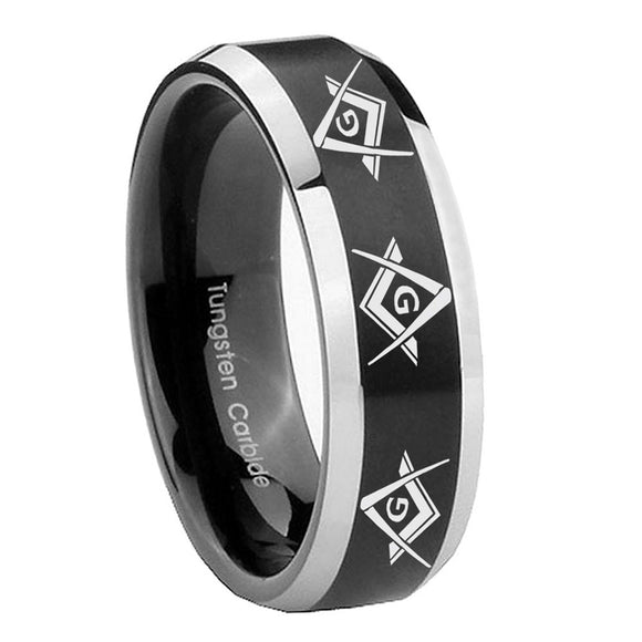 10mm Master Mason Masonic  Beveled Brush Black 2 Tone Tungsten Mens Wedding Band