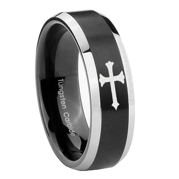 8mm Christian Cross Beveled Brush Black 2 Tone Tungsten Wedding Bands Ring