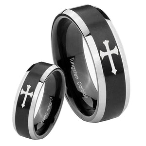 His Hers Christian Cross Beveled Brush Black 2 Tone Tungsten Mens Ring Set