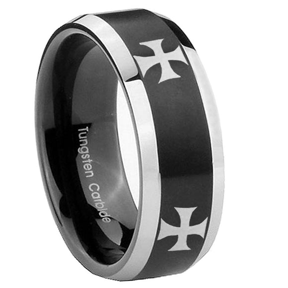 10mm 4 Maltese Cross Beveled Brush Black 2 Tone Tungsten Anniversary Ring