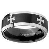 10mm 4 Maltese Cross Beveled Brush Black 2 Tone Tungsten Anniversary Ring