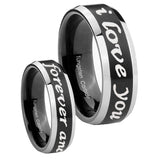 His Hers I Love You Forever and ever Beveled Brush Black 2 Tone Tungsten Men's Ring Set