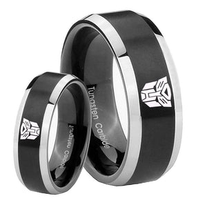 His Hers Transformers Autobot Beveled Brush Black 2 Tone Tungsten Rings for Men Set