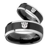 His Hers Transformers Autobot Beveled Brush Black 2 Tone Tungsten Rings for Men Set