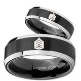 His Hers Army Sergeant Major Beveled Brush Black 2 Tone Tungsten Men's Band Set