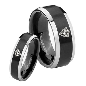 His Hers CTR Beveled Edges Brush Black 2 Tone Tungsten Men's Band Ring Set