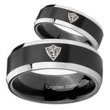 His Hers CTR Beveled Edges Brush Black 2 Tone Tungsten Men's Band Ring Set