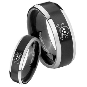 His Hers Skull Beveled Brush Black 2 Tone Tungsten Wedding Engagement Ring Set