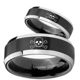 His Hers Skull Beveled Brush Black 2 Tone Tungsten Wedding Engagement Ring Set
