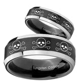 His Hers Multiple Skull Beveled Brush Black 2 Tone Tungsten Engraving Ring Set