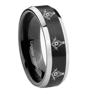 8mm Multiple Master Mason Beveled Edges Brush Black 2 Tone Tungsten Bands Ring