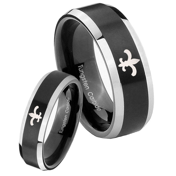 His Hers Fleur De Lis Beveled Edges Brush Black 2 Tone Tungsten Men's Ring Set