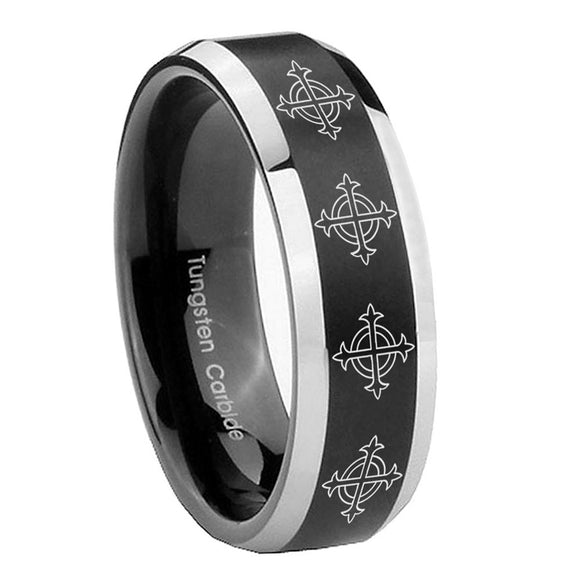 8mm Multiple Crosses Beveled Brush Black 2 Tone Tungsten Custom Ring for Men