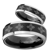 His Hers Multiple Crosses Beveled Brush Black 2 Tone Tungsten Ring Set