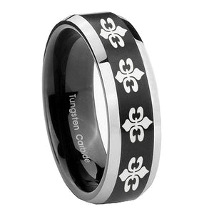 10mm Multiple Fleur De Lis Beveled Brush Black 2 Tone Tungsten Promise Ring