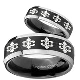 His Hers Multiple Fleur De Lis Beveled Brush Black 2 Tone Tungsten Mens Ring Set