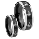 His Hers Multiple Master Mason Masonic Beveled Brush Black 2 Tone Tungsten Custom Ring Set