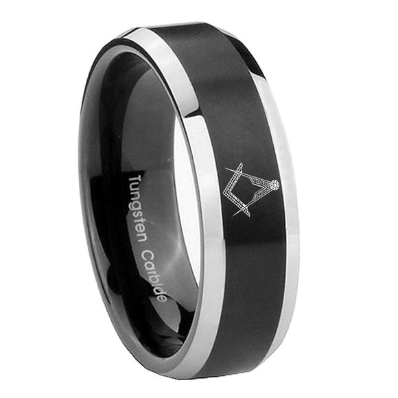 10mm Masonic Beveled Edges Brush Black 2 Tone Tungsten Mens Wedding Ring