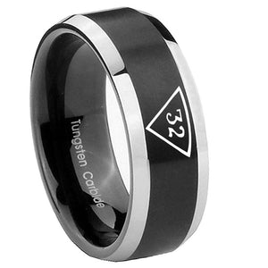 10mm Masonic 32 Triangle Freemason Beveled Edges Brush Black 2 Tone Tungsten Carbide Bands Ring