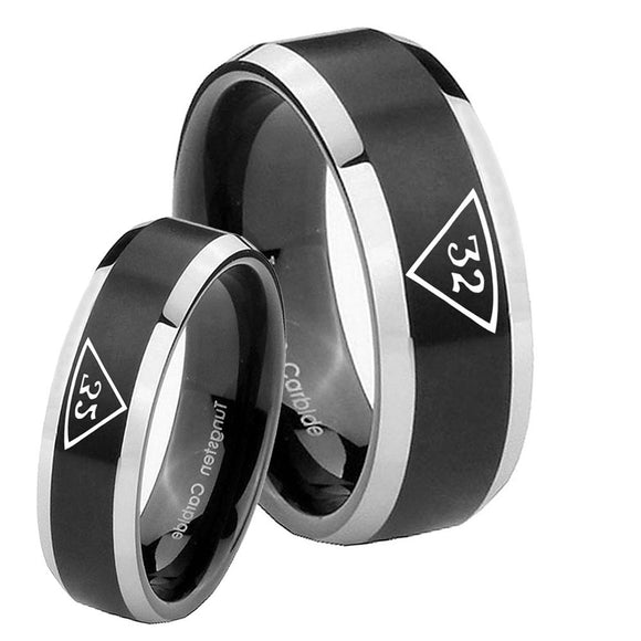 His Hers Masonic 32 Triangle Freemason Beveled Edges Brush Black 2 Tone Tungsten Engagement Ring Set