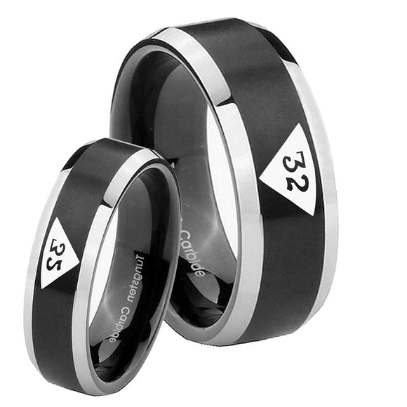 His Hers Masonic 32 Triangle Design Freemason Beveled Edges Brush Black 2 Tone Tungsten Engagement Ring Set