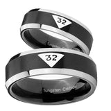 His Hers Masonic 32 Triangle Design Freemason Beveled Edges Brush Black 2 Tone Tungsten Engagement Ring Set