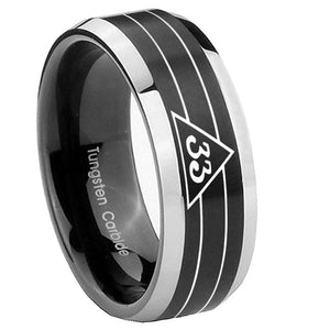 8mm Masonic 32 Duo Line Freemason Beveled Edges Brush Black 2 Tone Tungsten Carbide Men's Bands Ring