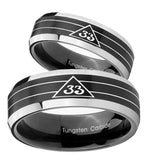 His Hers Masonic 32 Duo Line Freemason Beveled Edges Brush Black 2 Tone Tungsten Engagement Ring Set