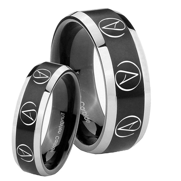His Hers Atheist Design Beveled Brush Black 2 Tone Tungsten Mens Ring Set