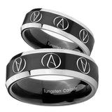 His Hers Atheist Design Beveled Brush Black 2 Tone Tungsten Mens Ring Set