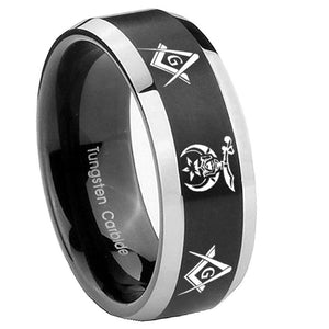 10mm Masonic Shriners Beveled Brush Black 2 Tone Tungsten Mens Ring Personalized