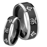 His Hers Masonic Shriners Beveled Brush Black 2 Tone Tungsten Wedding Ring Set