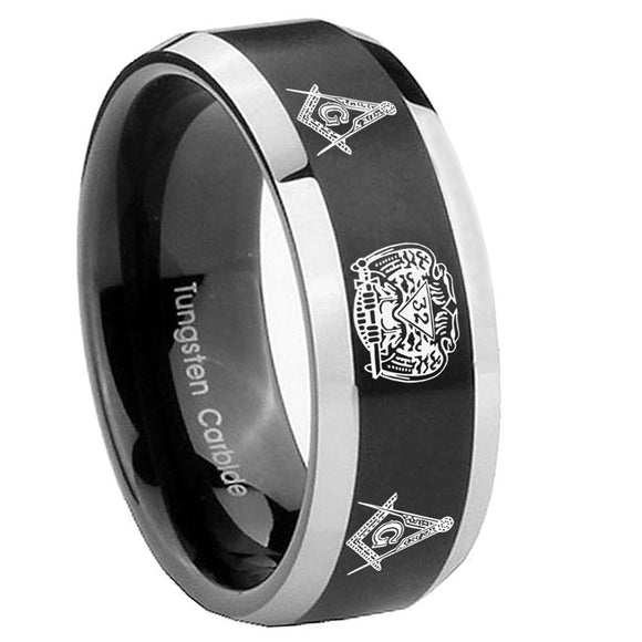 8mm Masonic 32 Design Beveled Edges Brush Black 2 Tone Tungsten Men's Wedding Ring