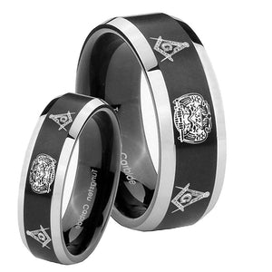 His Hers Masonic 32 Design Beveled Brush Black 2 Tone Tungsten Men's Ring Set