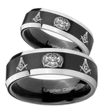 His Hers Masonic 32 Design Beveled Brush Black 2 Tone Tungsten Men's Ring Set