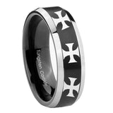 10mm Multiple Maltese Cross Beveled Brush Black 2 Tone Tungsten Men's Band Ring