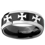 8mm Multiple Maltese Cross Beveled Brush Black 2 Tone Tungsten Engraved Ring