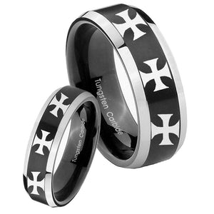 His Hers Multiple Maltese Cross Beveled Brush Black 2 Tone Tungsten Mens Band Set