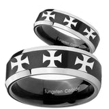 His Hers Multiple Maltese Cross Beveled Brush Black 2 Tone Tungsten Mens Band Set