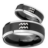 His Hers Aquarius Horoscope Beveled Brush Black 2 Tone Tungsten Engagement Ring Set