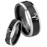 His Hers Aries Zodiac Beveled Edges Brush Black 2 Tone Tungsten Engraved Ring Set