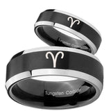 His Hers Aries Zodiac Beveled Edges Brush Black 2 Tone Tungsten Engraved Ring Set